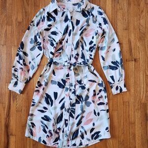 A New Day Floral Shirt Dress Small Cream Navy Pink Long Sleeve Midi Office Tie